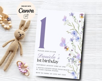 Faire-part d'anniversaire papillon, 1er anniversaire, faire-part d'anniversaire papillon floral, toile modifiable, téléchargement numérique
