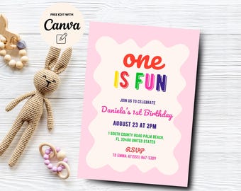 One is Fun 1st Birthday Invitation Template, 1st Birthday Invite, Gender Neutral First Birthday, Canva Editable, Digital Download