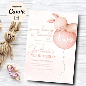 Bunny 2nd Birthday Party Invitation, Girl Pink  Bunny 2nd Birthday Invite, Rabbit Birthday Invitation, Canva Template, Digital Download