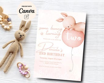 Bunny 2nd Birthday Party Invitation, Girl Pink  Bunny 2nd Birthday Invite, Rabbit Birthday Invitation, Canva Template, Digital Download