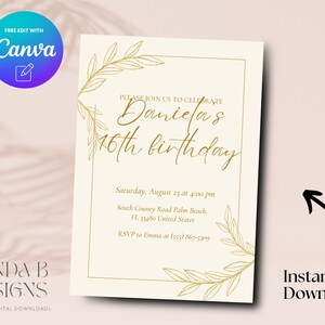 Minimalist 16th Birthday Invite, Gold Leafy Neutral 16th Birthday Invitation, Sweet Sixteen Birthday Invite Canva Template, Digital Download