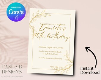 Minimalist 16th Birthday Invite, Gold Leafy Neutral 16th Birthday Invitation, Sweet Sixteen Birthday Invite Canva Template, Digital Download