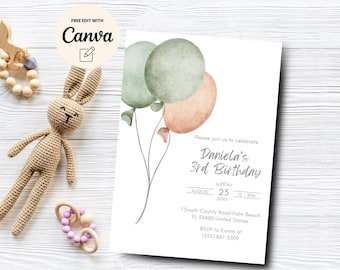 Bearbeitbare Ballon 3. Geburtstagseinladung, Ballonparty einladen, 3. Geburtstag, geschlechtsneutraler Geburtstag, Canva-Vorlage, digitaler Download