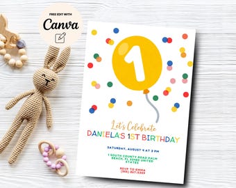 Balloon Confetti 1st Birthday Invitation, 1st Birthday Party Invite, Balloon First Birthday Invitation, Canva Template, Digital Download