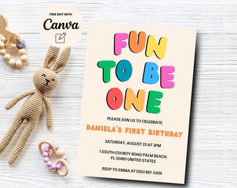 Fun to Be One First Birthday Invitation, 1st Birthday Party, Rainbow First Birthday, Minimalist, Canva Editable, Digital Download
