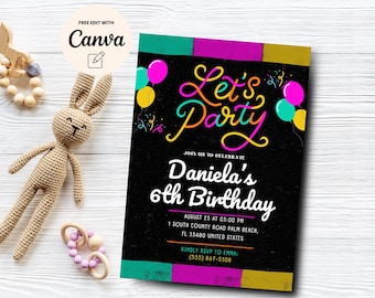 Invito retrò per il 6° compleanno, invito di compleanno Groovy con palloncino per festeggiare, invito modificabile per il 6° compleanno, modello Canva, download digitale