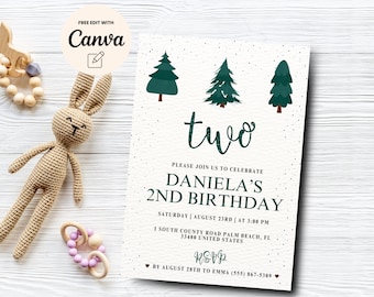 Modern Winter Second Birthday Invitation, Printable Christmas Tree Birthday, Girls Birthday Invite, Canva Editable, Digital Download