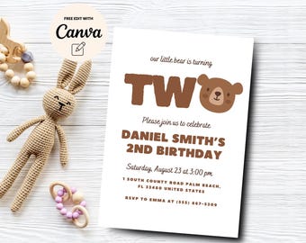 Bear 2nd Birthday Invitation, Our Little Bear 2nd Birthday Invite, Girl Boy 2nd Birthday Invitation, Canva Template, Digital Download