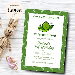 Little Pea 2nd Birthday Invitation, Our Sweet Little Pea 2nd Birthday Invitation, 2nd Birthday Invite, Canva Editable, Digital Download