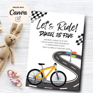 Fahrrad-Geburtstagseinladungsvorlage, bearbeitbares Fahrrad Lass uns Geburtstag einladen, Rennen auf Over Bike einladen, Canva-Vorlage, digitaler Download
