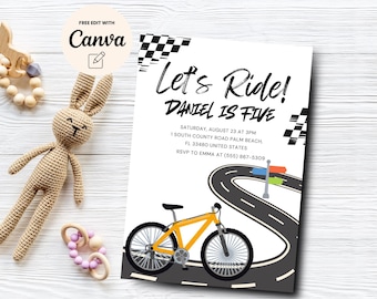 Bicycle Birthday Invitation Template, Editable Bike Let's Ride Birthday Invite, Race on Over Bike Invite, Canva Template, Digital Download