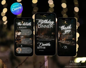 May include: Three phone screen mockups with a black background. The first screen shows a list of details for a birthday dinner. The second screen shows a birthday dinner invitation with the text "Birthday Dinner" and "Daniela 30th Birthday". The third screen shows a thank you message with the text "Thank you" and "Thank you for being part of this special celebration. I'm so excited to see you soon."