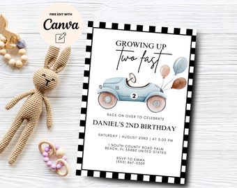 TWO Fast Birthday Invitation, Race Car 2nd Birthday Invite, Blue Racing Car Boys Second Birthday Party, Canva Editable, Digital Download