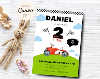 TWO Fast 2nd  Birthday Invitation Template, Vintage Race Car 2nd Birthday Invite, Boy Birthday Invite, Canva Template, Digital Download