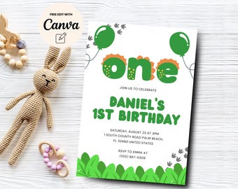 Dinosaur 1st Birthday Invite, Editable Cute Dinosaur 1st Birthday Invitation, Dino 1st Birthday Invite, Canva Editable, Digital Download