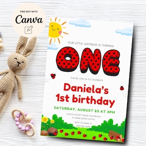 Ladybug 1st Birthday Invitation, EDITABLE Digital Invitation, Little Lady bug Birthday Party, Canva Editable, Digital Download