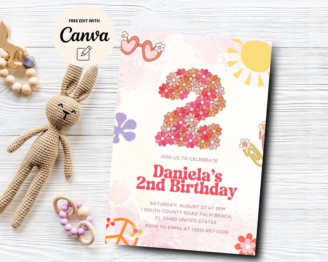 Groovy 2nd Birthday Daisy Birthday Invitation, 2nd Birthday Invitation ...