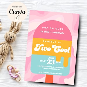 Two Cool Birthday Invitation, Popsicle Party, Kid Summer Invite, Pool Party Girl 2nd Birthday Evite, Canva Template, Digital Download