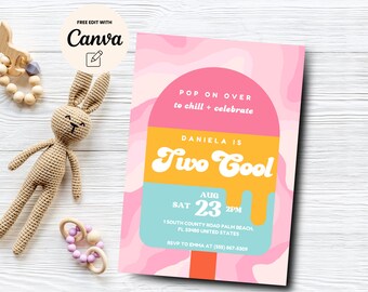 Two Cool Birthday Invitation, Popsicle Party, Kid Summer Invite, Pool Party Girl 2nd Birthday Evite, Canva Template, Digital Download