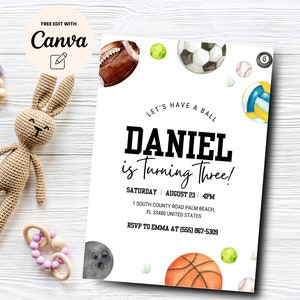 Sports Theme 3rd Birthday Invitation, Let&#39;s Have a Ball, Basketball, Football, Soccer, Baseball Invitation, Canva Template, Digital Download