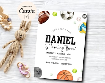 Sports Theme 3rd Birthday Invitation, Let's Have a Ball, Basketball, Football, Soccer, Baseball Invitation, Canva Template, Digital Download