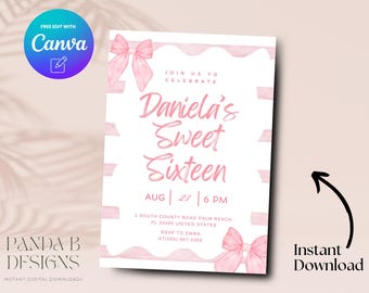 Rosa 16-årsinbjudan, rosa rosett för 16-årsdag, Canva-mall för flicka med ränder och rosett för 16-årsdag, digital nedladdning