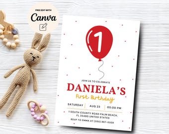 Balloon 1st Birthday Invite, Editable Simple 1st Birthday Invitation, Red Balloon 1st Birthday Invite, Canva Editable, Digital Download