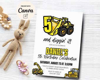 Construction 5th Birthday Invitation, Construction Trucks Party Invite, 5 and Diggin' it Construction, Canva Template, Digital Download