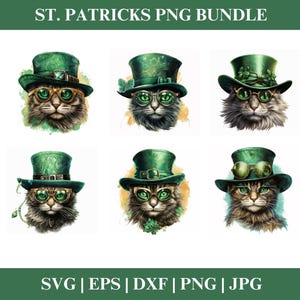 Chats St. Patricks Day PNG Clipart Bundle, Clipart SVG de la Saint-Patrick, porte-bonheur irlandais Shamrock, amoureux des chats Silhouette de fichiers coupe Cricut