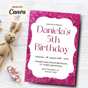 Pink 5th Birthday Invitation, 5th Birthday Invite, Glitter 5th Birthday, Balloon Birthday Party, Canva Template, Digital Download