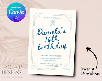 Op de afbeelding: Een blauwe en witte printbare uitnodiging voor een 16e verjaardagsfeest. De uitnodiging heeft een decoratieve rand met harten en de tekst "Daniela's 16th birthday". De uitnodiging bevat ook de datum, tijd en locatie van het feest.