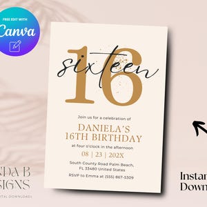 Minimalist Sixteen 16th Birthday Invite, Neutral 16th Birthday Invitation, Sweet Sixteen Birthday Invite Canva Template, Digital Download