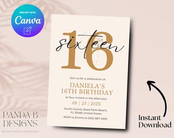 Minimalist Sixteen 16th Birthday Invite, Neutral 16th Birthday Invitation, Sweet Sixteen Birthday Invite Canva Template, Digital Download