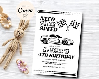 Need Four Speed Invitation, Editable Race Car 4th Birthday Invite, Editable Boy 4th Birthday Invitation, Canva Template, Digital Download