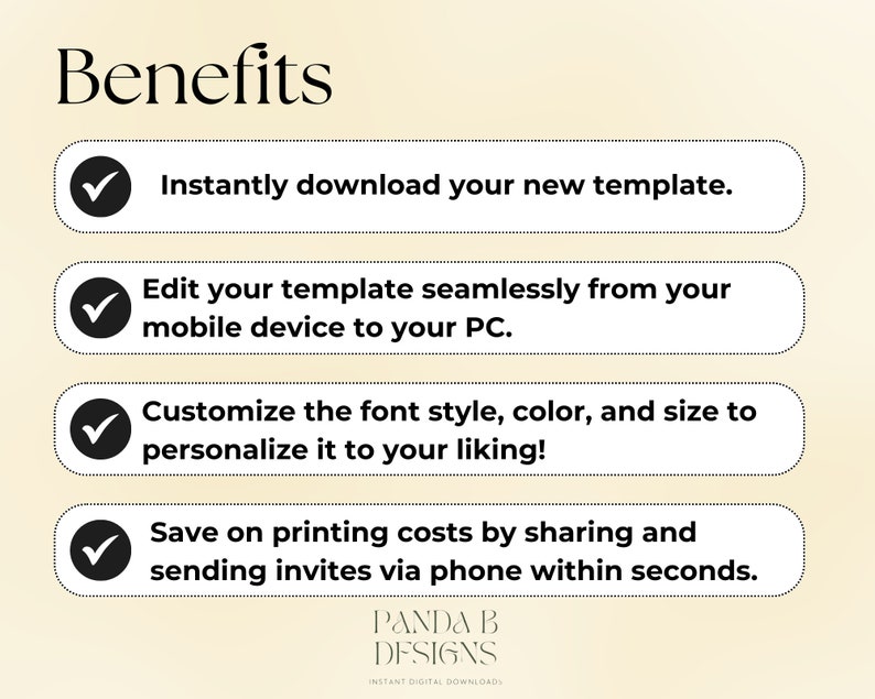 May include: A digital product advertisement with the headline "Benefits." The image lists four benefits: instant download, seamless editing on mobile and PC, font customization, and cost savings via sharing. The Panda B Designs logo is at the bottom.
