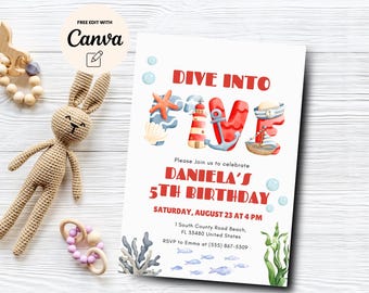 Dive Into Five 5th Birthday Invitation, Under the Sea Birthday Invite, Ocean Birthday Invite, Canva Template, Digital Download