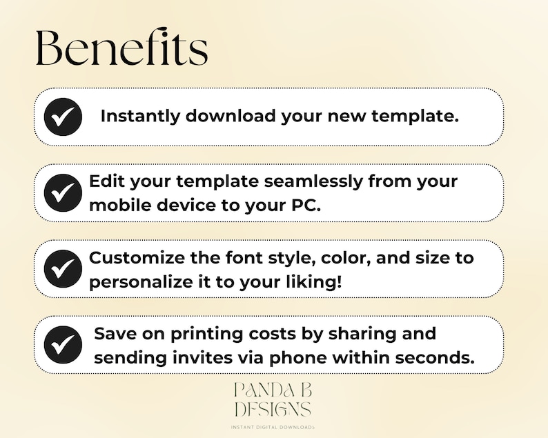 May include: Benefits of using a digital template: instantly download, edit on any device, customize font, color, and size, and save on printing costs by sharing via phone.