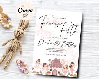 Fairy Fifth Birthday Party Invite, Fairy 5th Birthday Invitation Girl, Fairy Birthday Party Invite, Canva Template, Digital Download