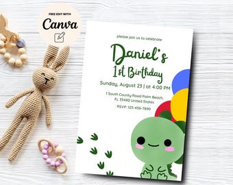 Dinosaur 1st Birthday Invite, Editable Cute Dinosaur 1st Birthday Invitation, Dino 1st Birthday Invite, Canva Editable, Digital Download
