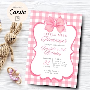 Little Miss Threenager 3rd Birthday Invitation, Coquette Girl Party 3rd Birthday, Pink Gingham Invite Instant Download, Canva Template