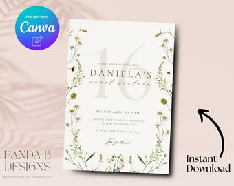 Floral 16th Birthday Invite, Garden Birthday 16th Birthday Invitation, Girl 16th Birthday Invite Canva Template, Digital Download