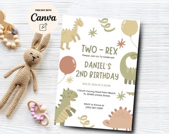 Invitación de cumpleaños para niño con dos dinosaurios Rex, invitación de cumpleaños de dinosaurio, fiesta de dinosaurios jurásicos editable, plantilla de Canva, descarga digital