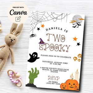 Two Spooky Birthday Invitation, Girl Second Birthday Invitation, Halloween Birthday Party, Canva Editable, Digital Download
