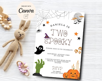 Two Spooky Birthday Invitation, Girl Second Birthday Invitation, Halloween Birthday Party, Canva Editable, Digital Download