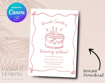 Pink 16th Birthday Invite, Minimalist Pink 16th Birthday Invitation, Editable Girl 16th Birthday Invite Canva Template, Digital Download