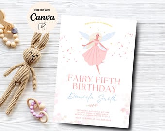 Fairy 5th Birthday Invitation, Fairy 5th birthday party invite, Rainbow Fairy Fifth Birthday, Canva Template, Digital Download