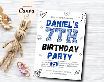 Inbjudan till 7-årsdag med klotter, utskrivbar blå pojkeinbjudan, 7-årsdagsinbjudan pojke, Canva-mall, digital nedladdning