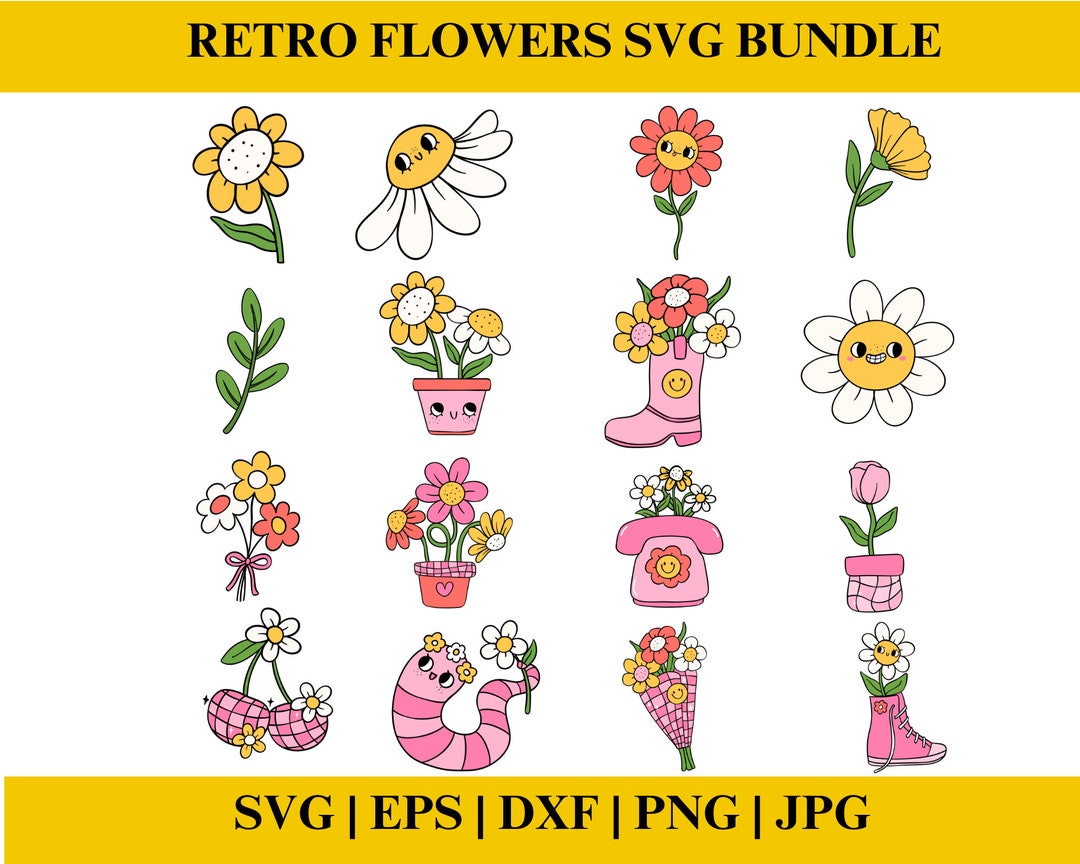 Retro Flowers SVG Cut File, Groovy Flower PNG for Sublimation ...