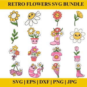 Retro Flowers SVG Cut File, Groovy Flower PNG for Sublimation, Commercial Use Files for Cricut, Silhouette, Trendy SVG Clip Art