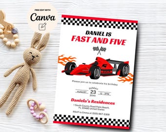 May include: Red and white birthday invitation with a red race car and flames. The text reads "Daniel is Fast and Five" and includes the date and time of the party.